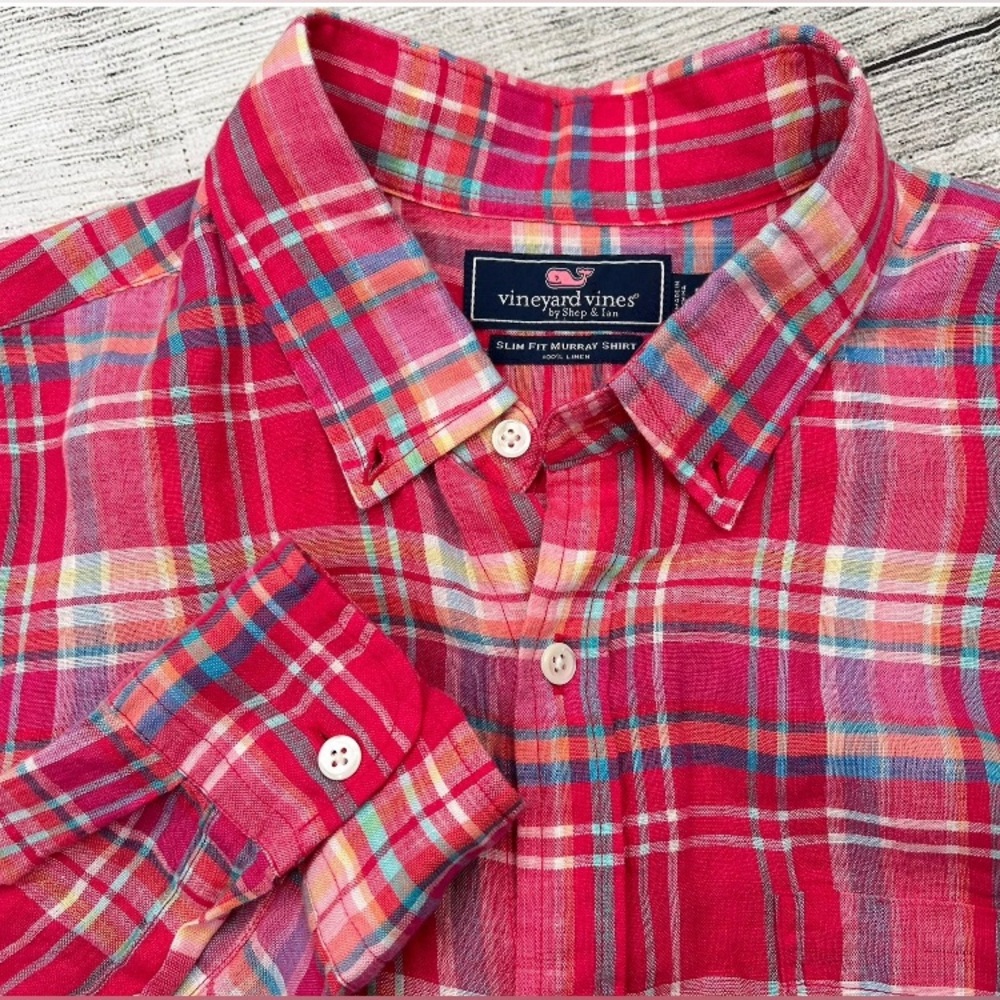 Vineyard Vines Slim Fit Linen Murray Shirt Plaid Medium EUC